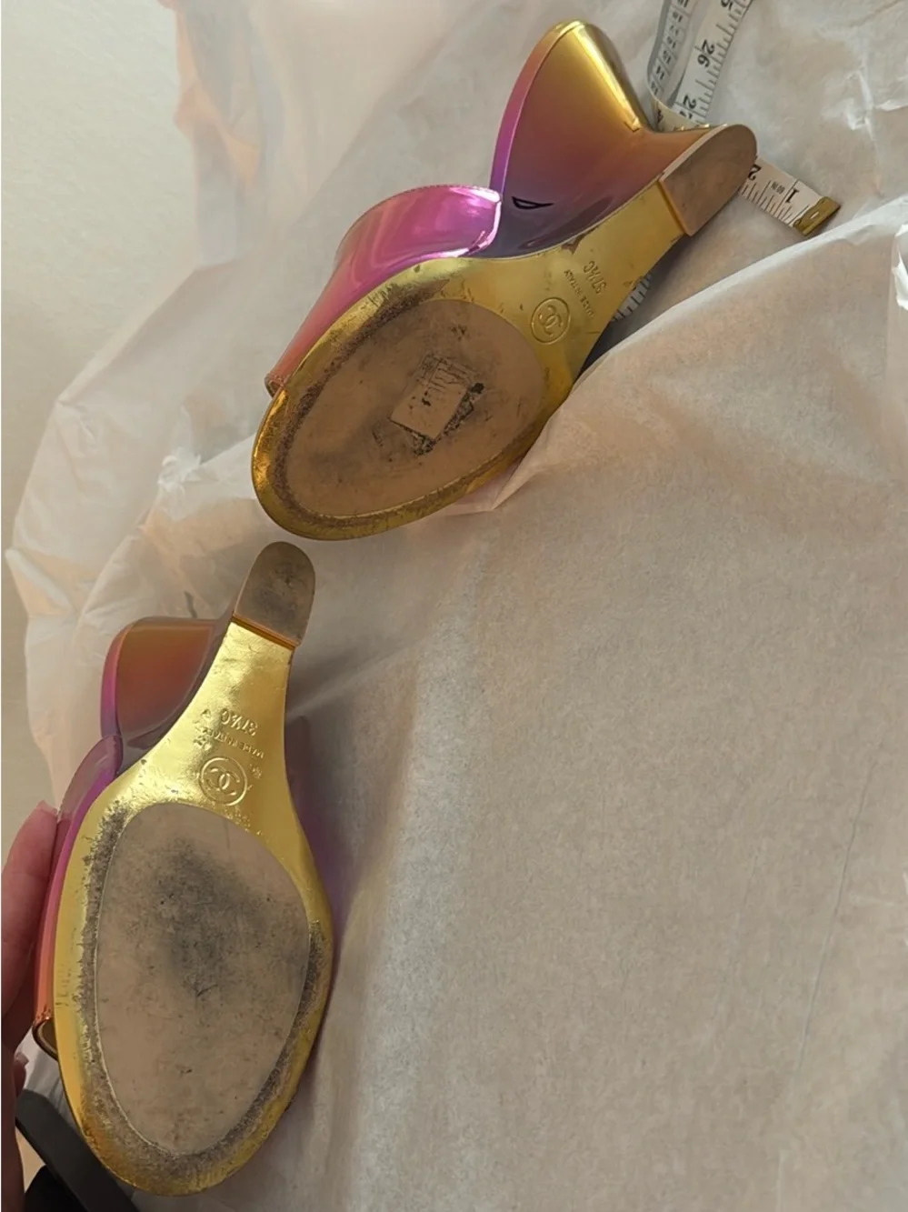 CHANEL Laminated Calfskin Wedge Mules 37.5 Pink Orange Yellow Multicolor CC logo